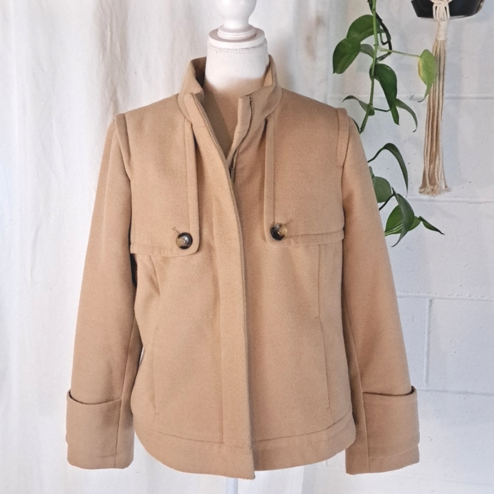 Chico's camel coat zip front mock funnel collar Hip Length sz1 szS